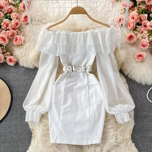 Robe à une épaule style sœur royale à épaules dénudées en feuille de lotus 3098