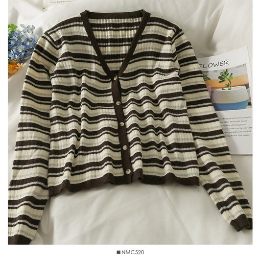 Striped single breasted V-neck cardigan thin top women  1892