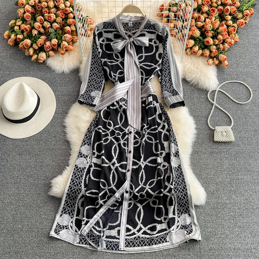 Bow print medium length waist closing high-end French dress  3207