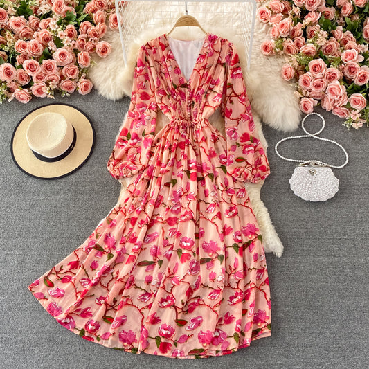 Bubble sleeve gentle wind sweet floral skirt  3265