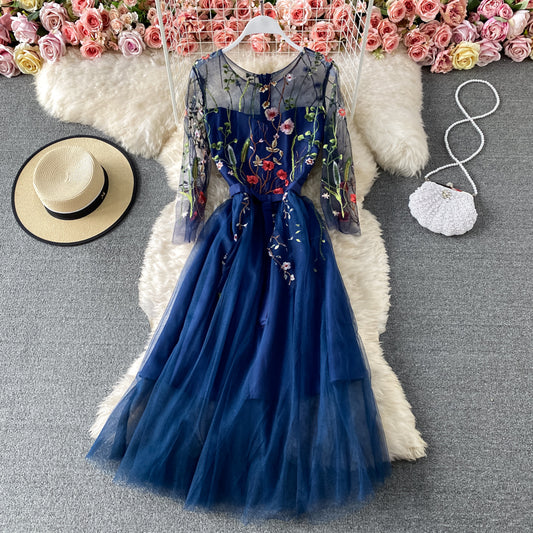 Mesh lace up banquet embroidery slim medium length dress  3162