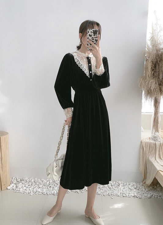 Lace V-neck velvet dress  2163