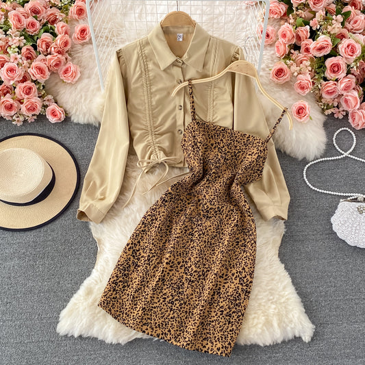Slim leopard suspender dress two-piece set female  3243