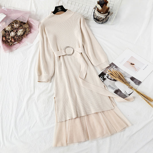 Knitted dress, women's French retro skirt, fashion suit, waist closing, thin temperament  2291