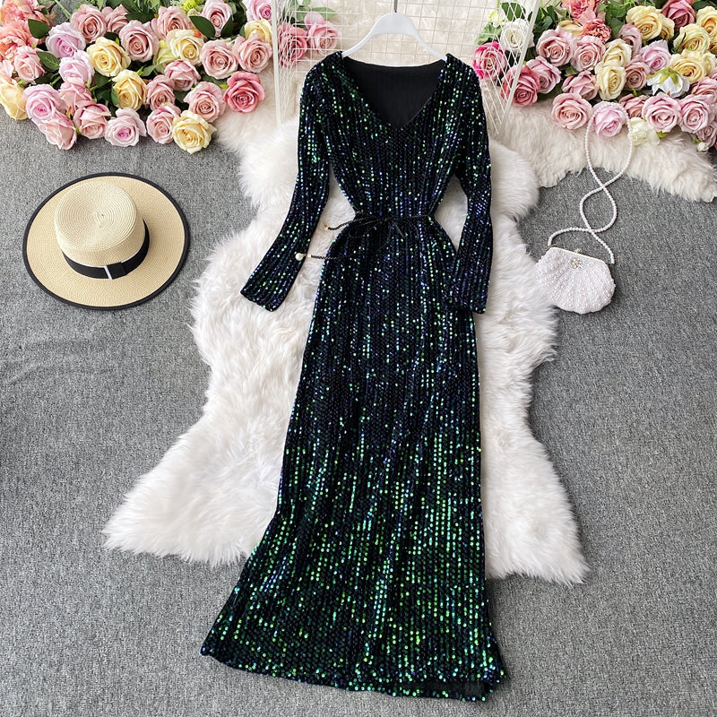 Robe à sequins à col en V et manches longues avec fermeture à la taille pour femme, jupe longue de tempérament 3139
