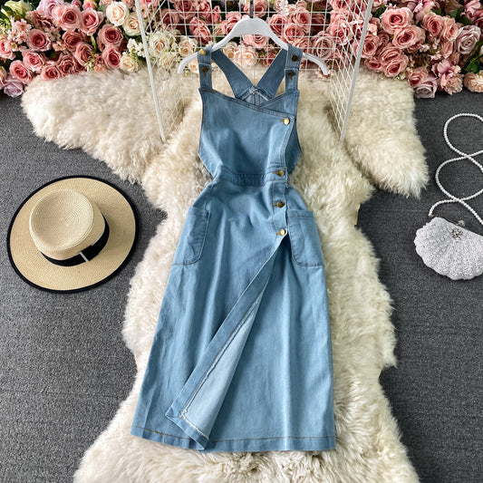 Denim suspender dress split sleeveless suspender vest skirt  3312