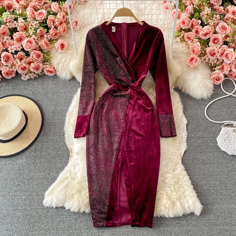 Hot drill velvet dress long skirt waist closing slim cut Hip Wrap Dress  3235