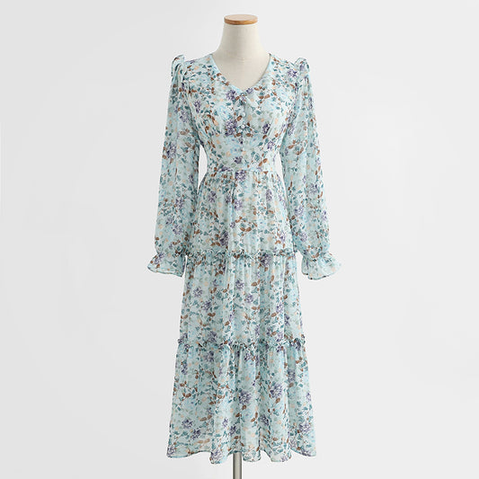 Jupe fleurie fine de style doux, jupe à volants en mousseline de soie à col en V 2211