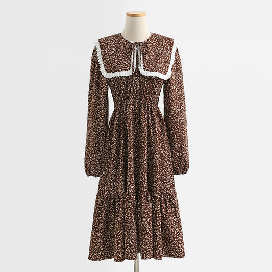 Robe longue coréenne ample à taille cassée avec col de poupée et fleurs pour femmes 2277