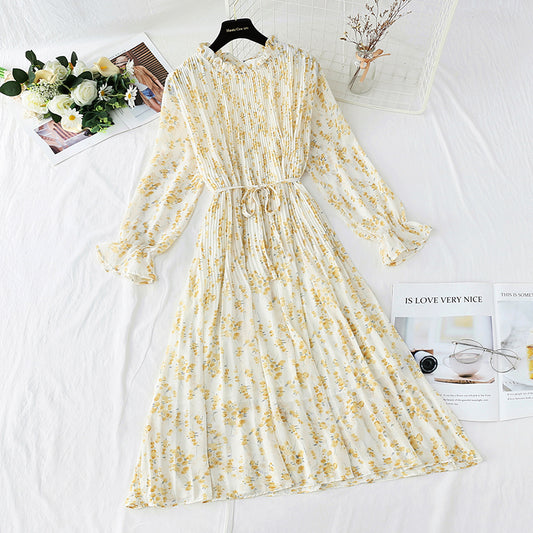 Dress women's French retro pleated waist slim dress  2167