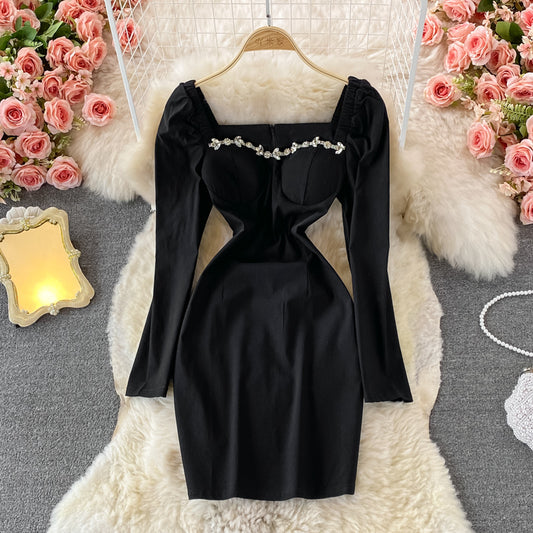 High end light luxury Nail Drill stitched Vintage Hip Wrap Dress  3013