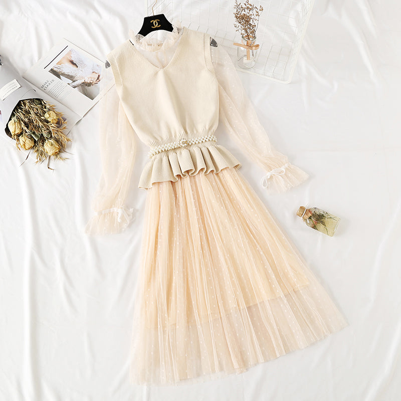 Knee Skirt vest suit two piece set super sweet  2289