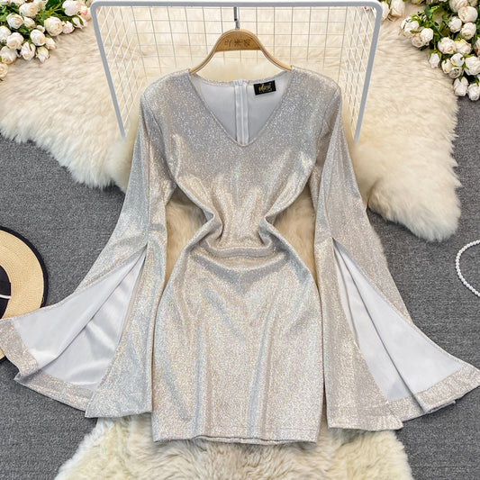 High waist V-neck flare flare sleeve dress  2871