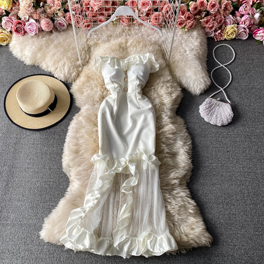 Sexy bra exposed shoulder bag hip fishtail dress yarn  3154