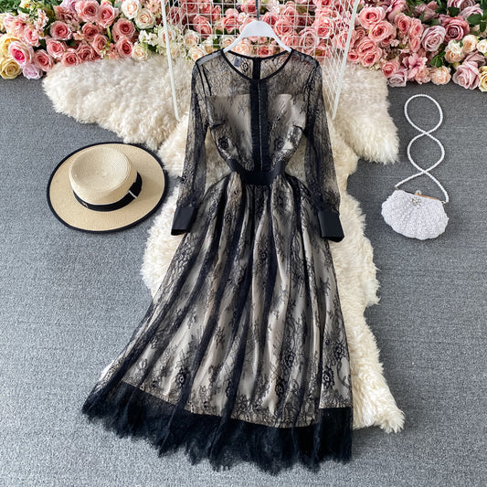 Mesh stitched Lace Waist high-end solid dress  3181