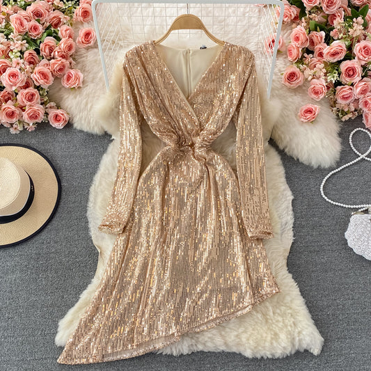 Robe sexy à paillettes irrégulières et col en V 3097
