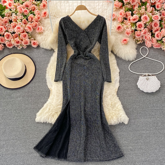 Robe sexy en queue de poisson fendue en soie brillante à col en V et à haute élasticité 2915