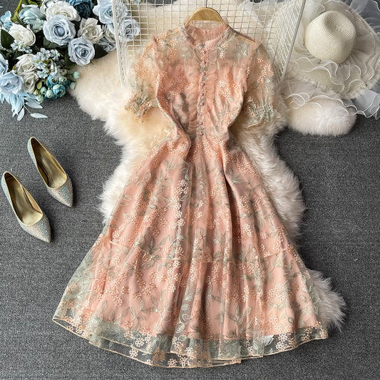 Temperament lace embroidered ear stand collar dress  3319