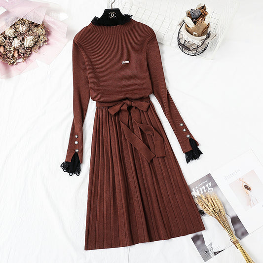 New French retro backing slim lace neck sweater skirt  2362