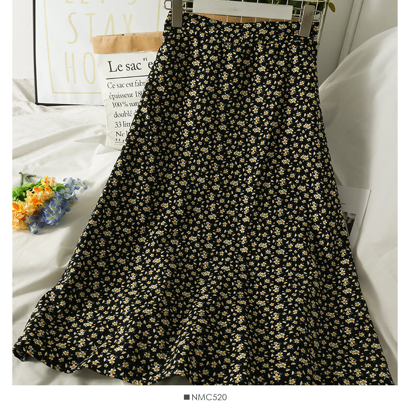 Hong Kong style retro floral medium length high waist A-line skirt  2533