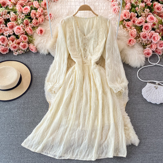 Lace V-neck high waist mesh dress  3230