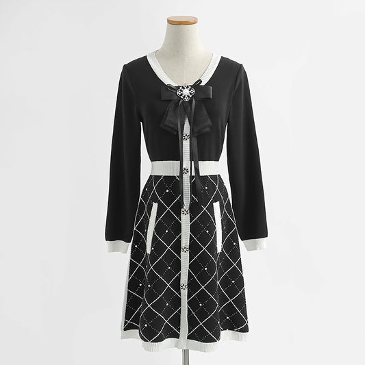 New bow knit dress long sleeve small fragrance A-line skirt  2421