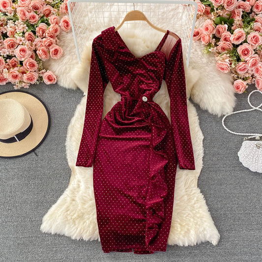 Robe en velours diamant à col en V et volants serrés, coupe portefeuille sur les hanches, 3090