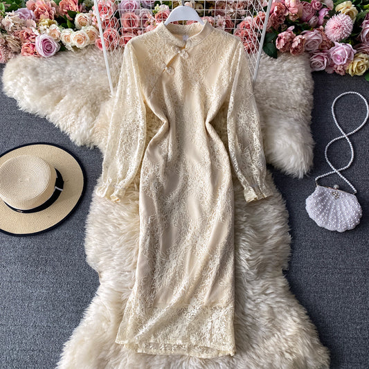 Retro Republic style cheongsam split slim lace dress  3145