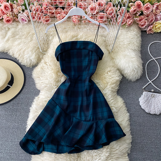 French first love Platycodon grandiflorum skirt dark Plaid waist  2886