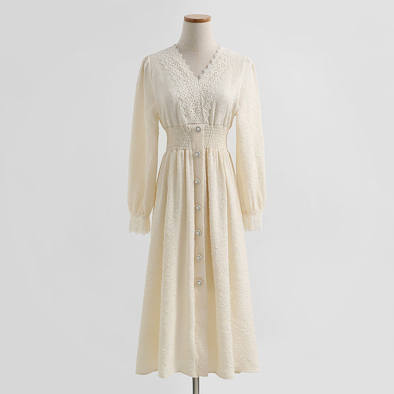 Kleid langärmliger Feenrock aus Spitze mit französischem V-Ausschnitt 2283
