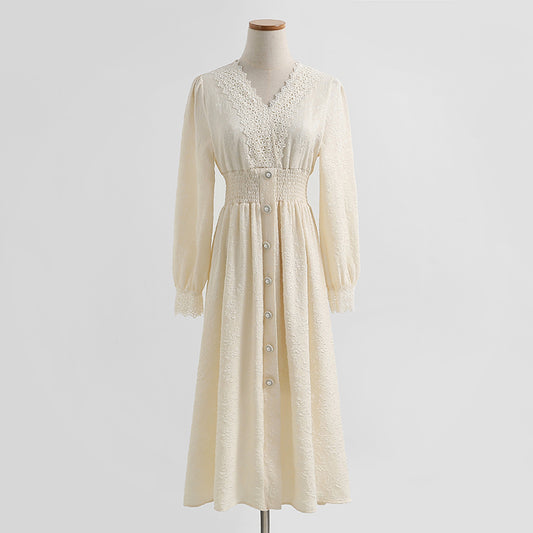 Dress long sleeve lace fairy skirt French V-neck  2283