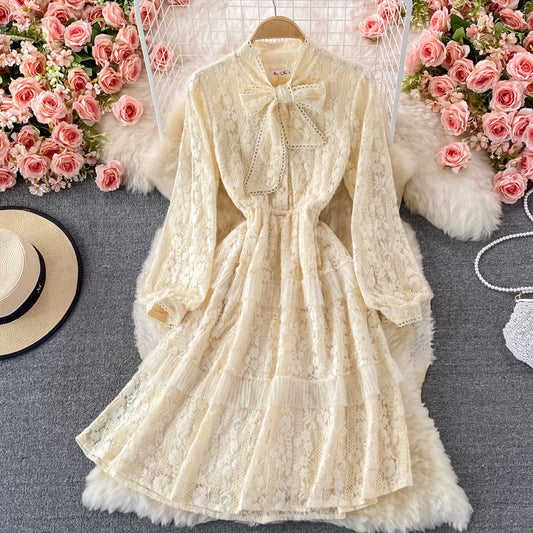 Medium length waist slim BOW LACE DRESS  3232