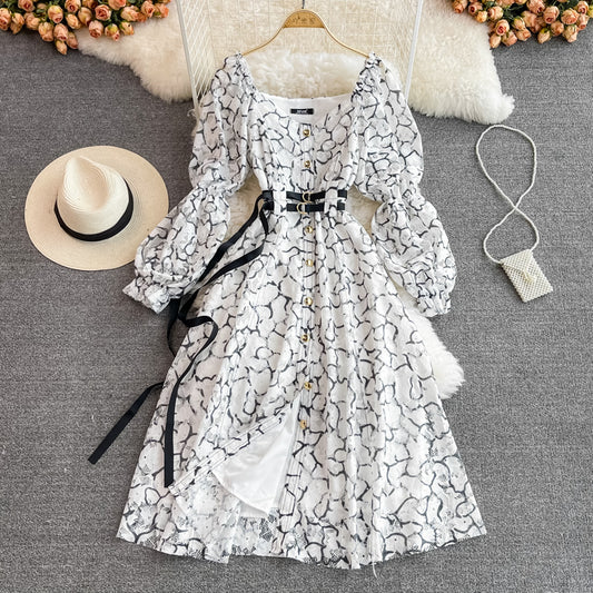 V-neck single breasted high waist slim lace dress  3124