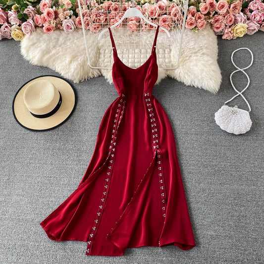 Sexy split suspender skirt high waist slim dress  3306