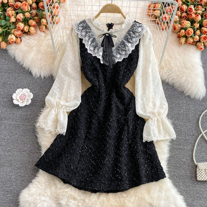 Sweet aging lace stitching stand collar Ruffle tweed dress  2919