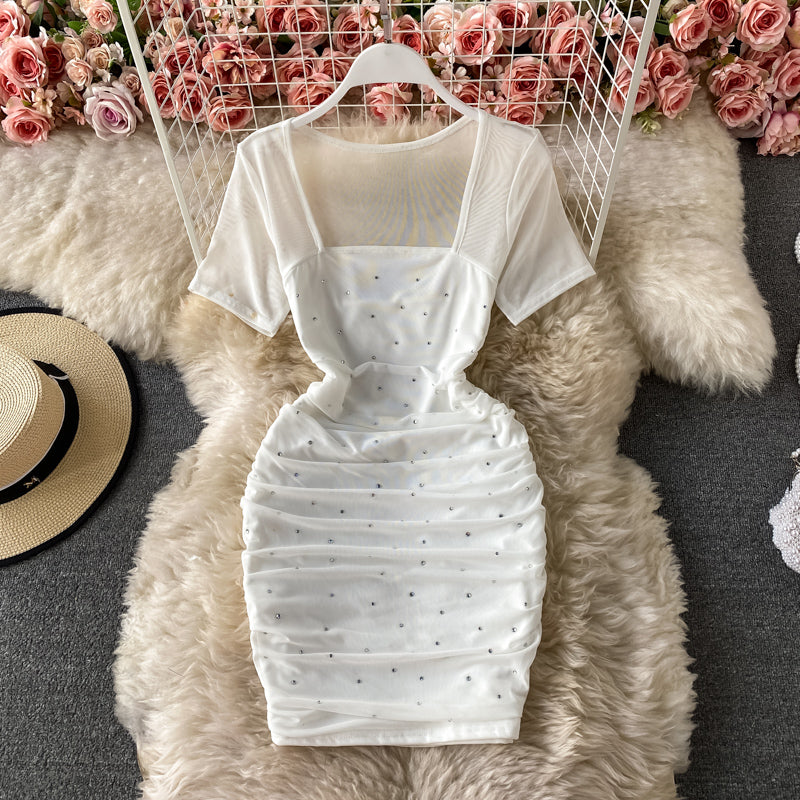 Sexy square neck slim slim fit mesh hot drill pleated Hip Wrap Dress  3172