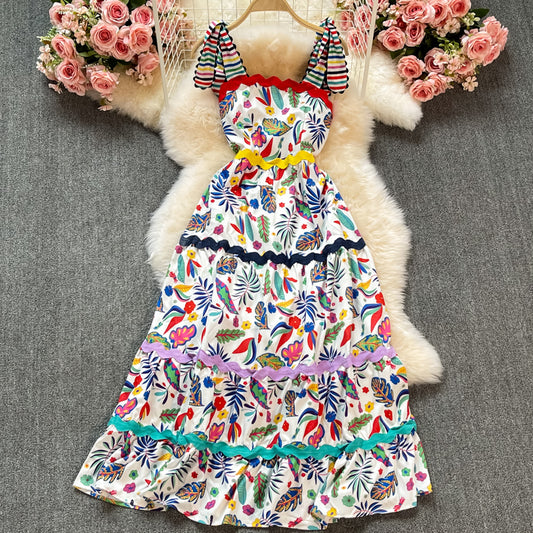 Waist slim temperament suspender large swing Printed Dress  3321