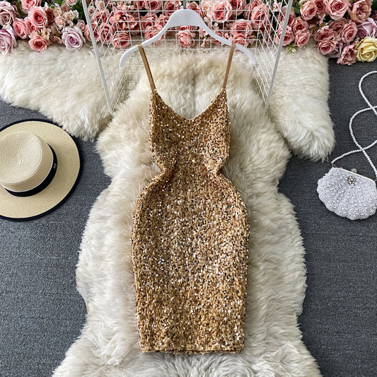 French Hepburn temperament Sequin Hip Wrap Dress  2752