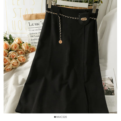 Korean high waist slim chain belt versatile split one-step skirt  2580