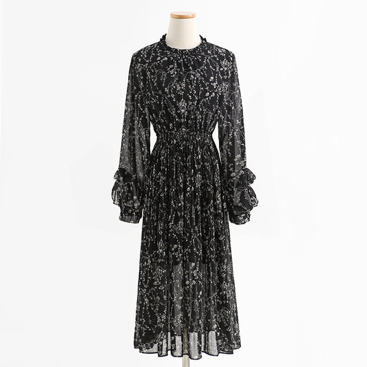 Chiffon pleated skirt, fungus floral dress, slim dress, lady dress  2432