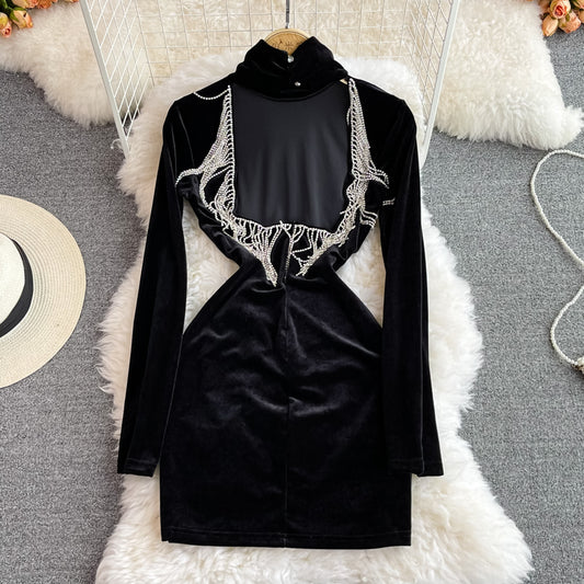 Hollow out backless tight high neck golden velvet buttock dress  2845