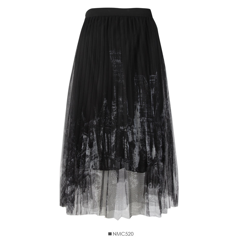 Printed high waist thin mesh pleated skirt  2609