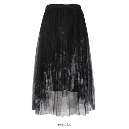 Printed high waist thin mesh pleated skirt  2609