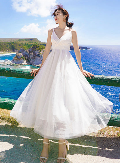 White A line tulle dress summer dress  1337