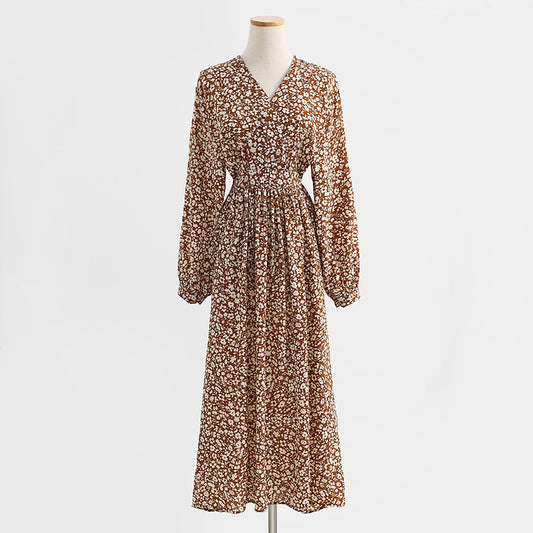 Robe fleurie rétro slim manches longues tempérament jupe en mousseline noire longue 2320