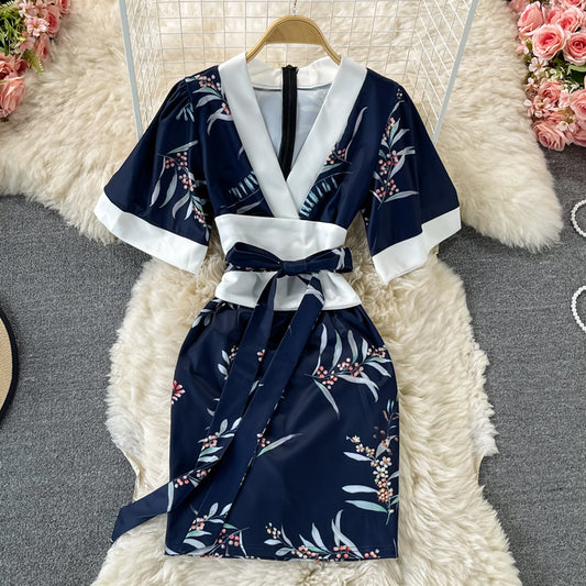 Kimono design, slim waist, lace up Hip Wrap Dress  3326