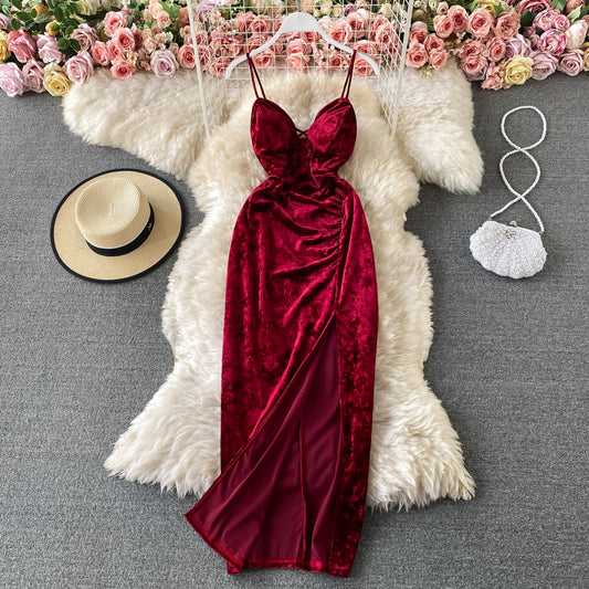 Velvet suspender split dress  3050