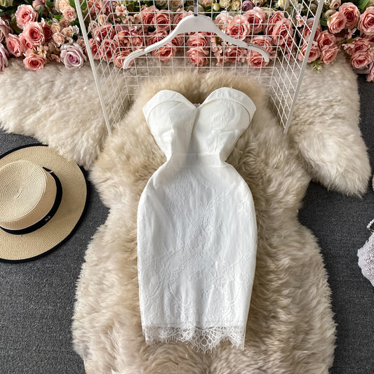 Foreign temperament sexy hip wrap lace strapless dress  3176