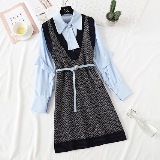 Knitted dress female autumn winter shirt vest skirt sweater skirt net red suit skirt  2351