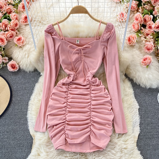 Robe portefeuille sexy à manches bouffantes, coupe slim, à lacets, plissée, col carré, 2917